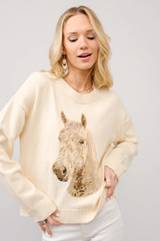 Embroidered Horse Crew Neck Sweater
