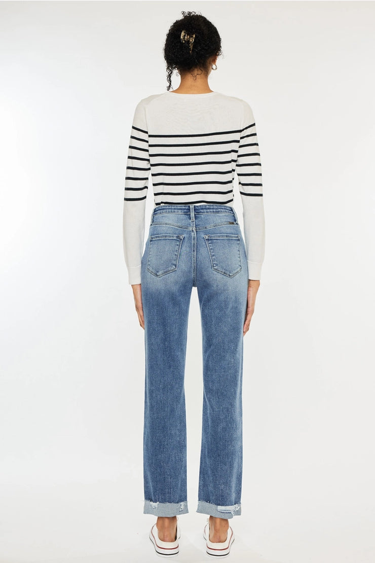 High Rise Double Button Slim Straight Leg