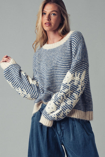 Floral Sleeved Stripe Sweater