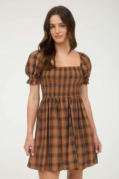Lucy Chocolate Puff Sleeve Plaid Dress