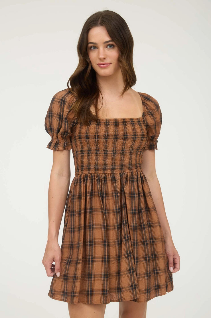 Lucy Chocolate Puff Sleeve Plaid Dress