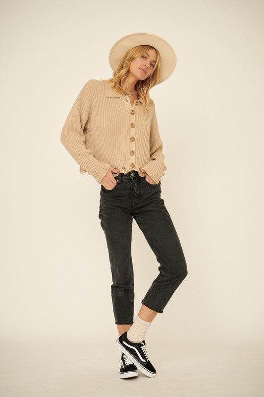 Ribbed Distressed Button Front Sweater