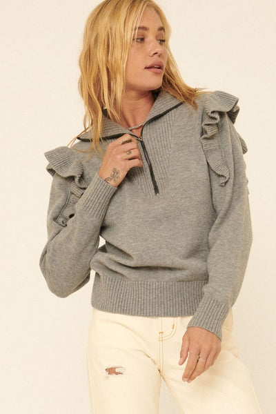 Half Zip Ruffle Sweater