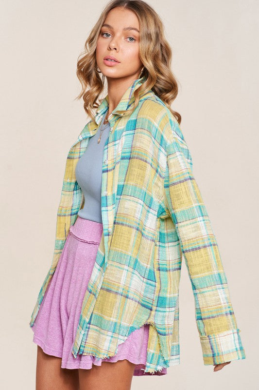Peony Lime Plaid Button-down