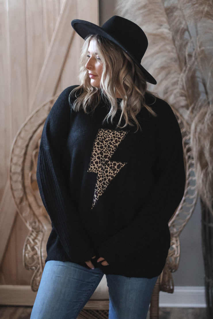 Black Leopard Lightening Bolt Sweater