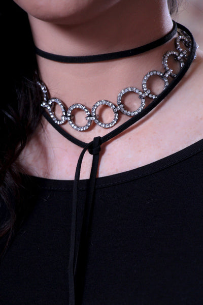 Black Leather Crystal Double Chain Choker