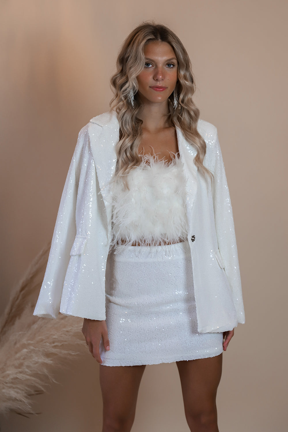 white sequin blazer dress Deep Plunge Diamante Detail Blazer Dress In White Woven | EGO US
